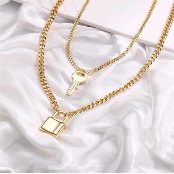 Gold 14k Gold Plated 2pc Lock & Key Chain Necklace Set - Picture 2 of 2